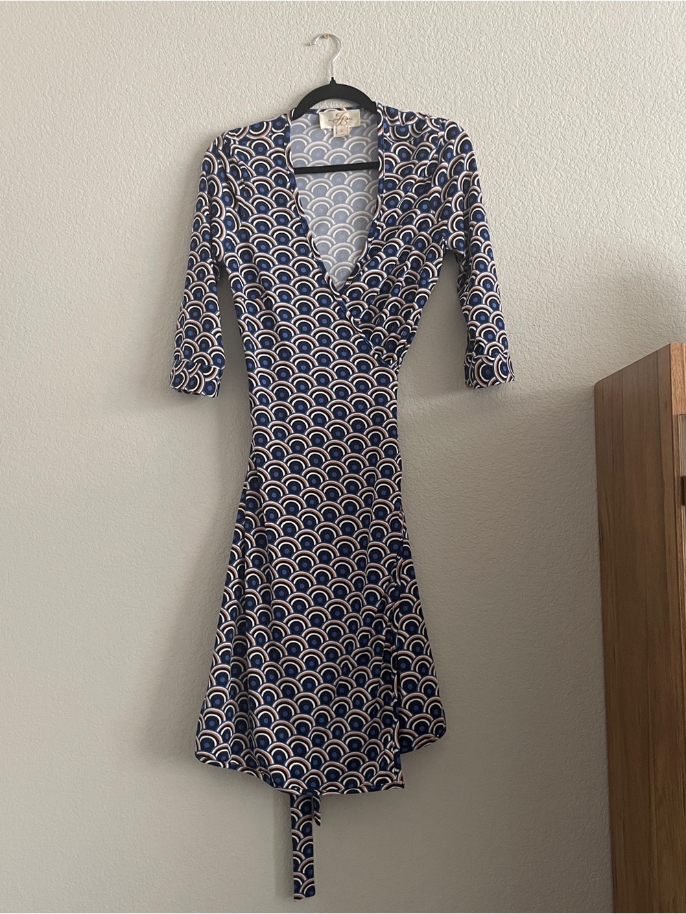 JB by Julie Brown Navy and White Print 3/4 Sleeve Wrap Dress